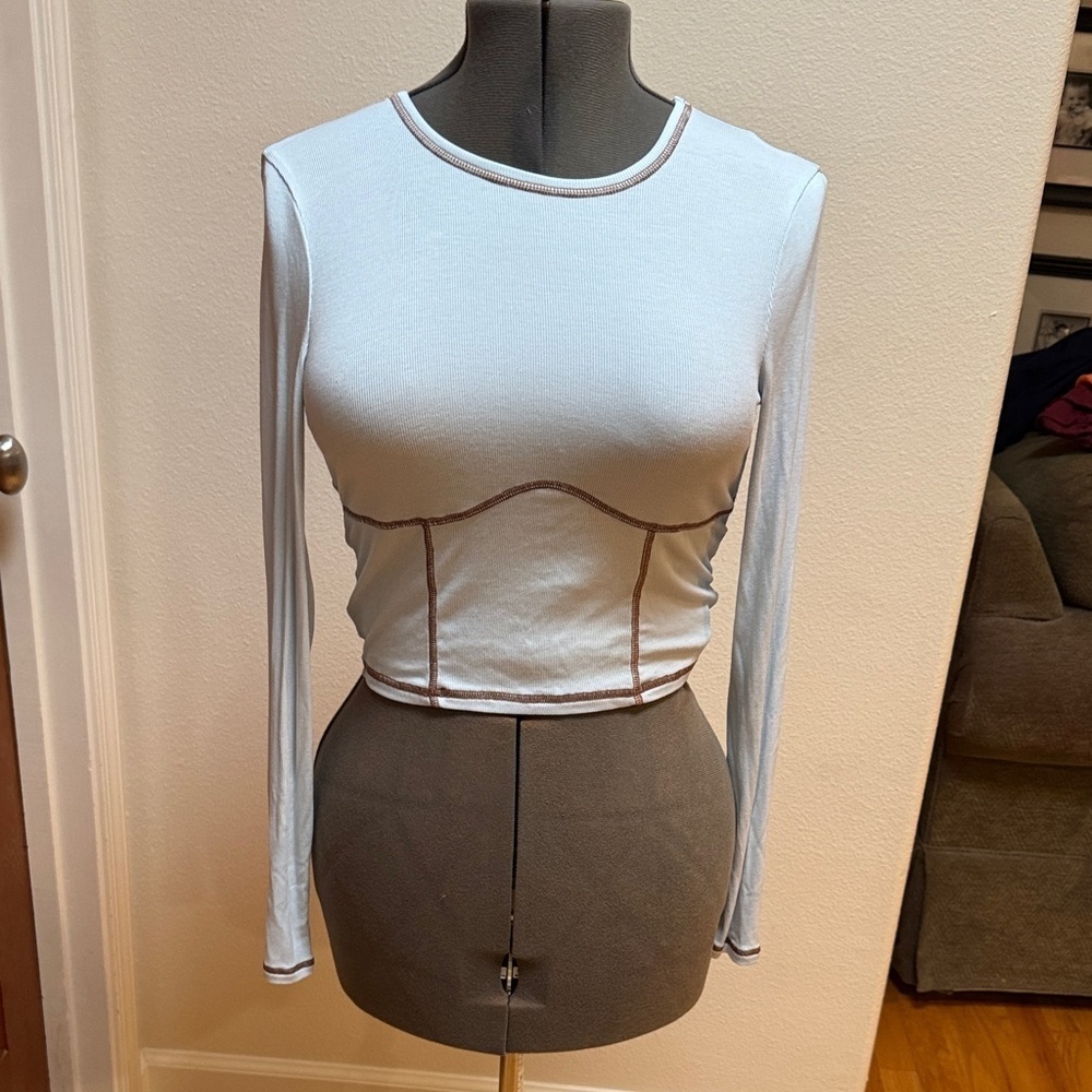 Sunday Best light blue Crop Top with Brown Stitching